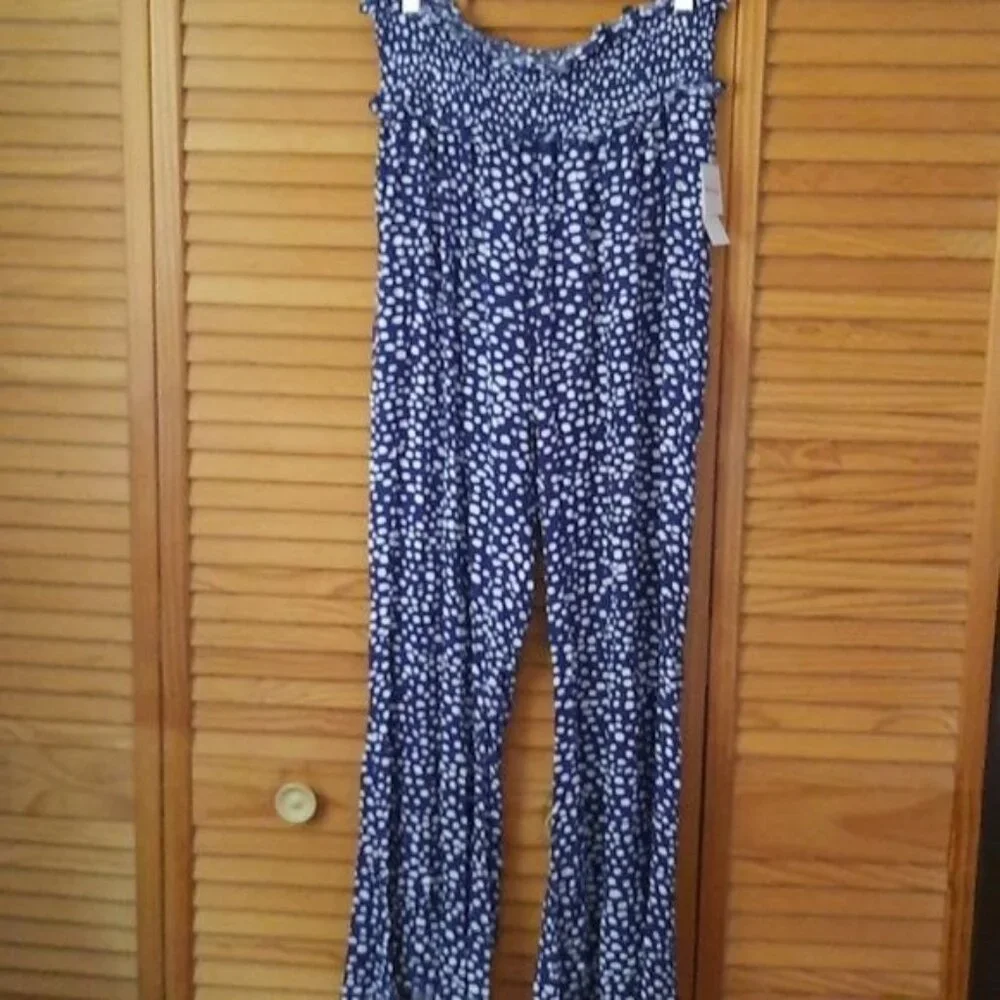 Raisins Curve NWT Navy White Elastic Ruffle Waistband Wide Leg Cover Up Pants 1X